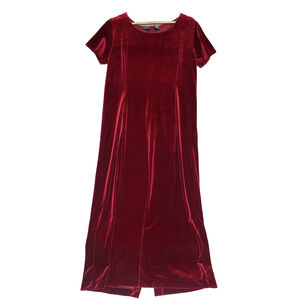 Hillared & Hanson Velvet Midi Shift Dress 12 Red Short Sleeve Holiday Tie Back